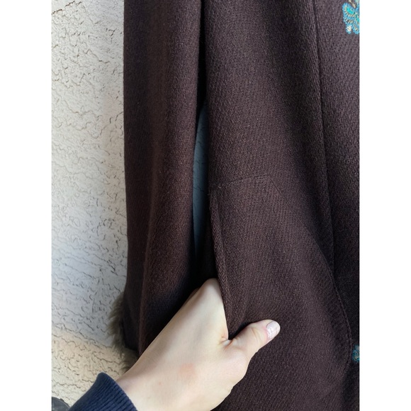 VINTAGE MANGO Y2K 70s Brown & Blue Floral Embroidered Penny Lane Wool Coat XS - Picture 5 of 11